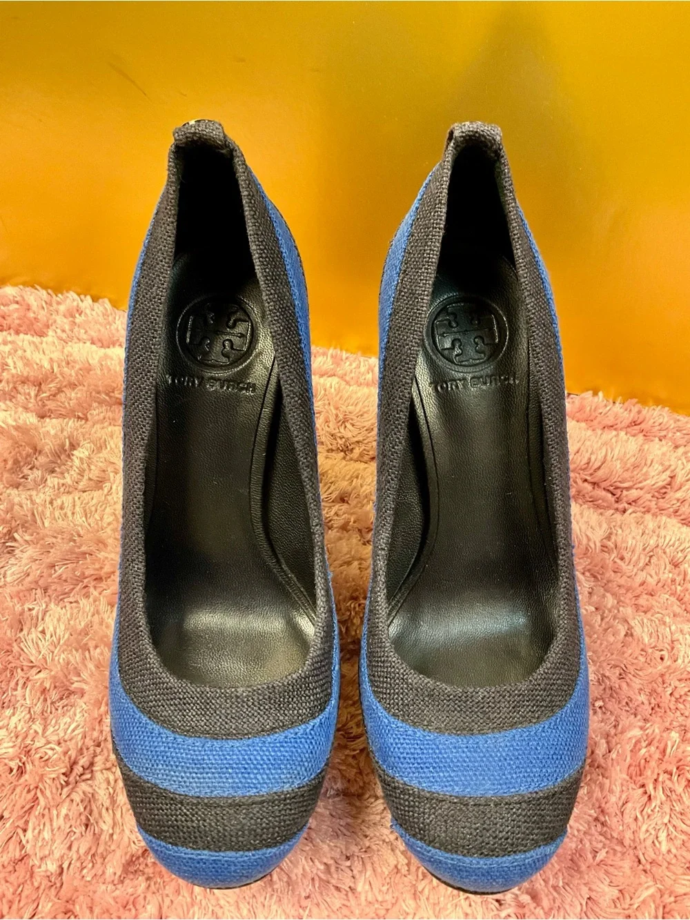 Tory Burch Blue and Black Striped Platform Pumps